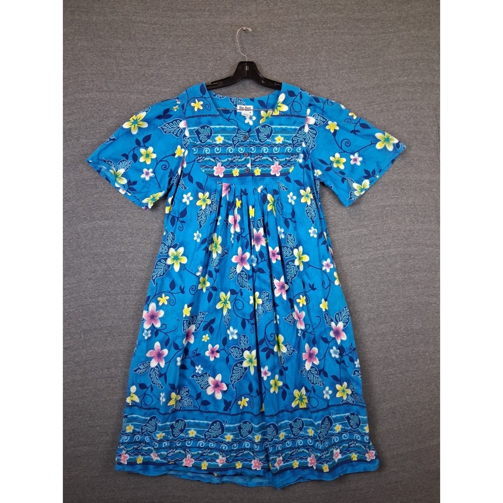 VTG Dee Dees Dress Large Blue Floral Muu Muu Hawaiian Tropical Resort Vacation
